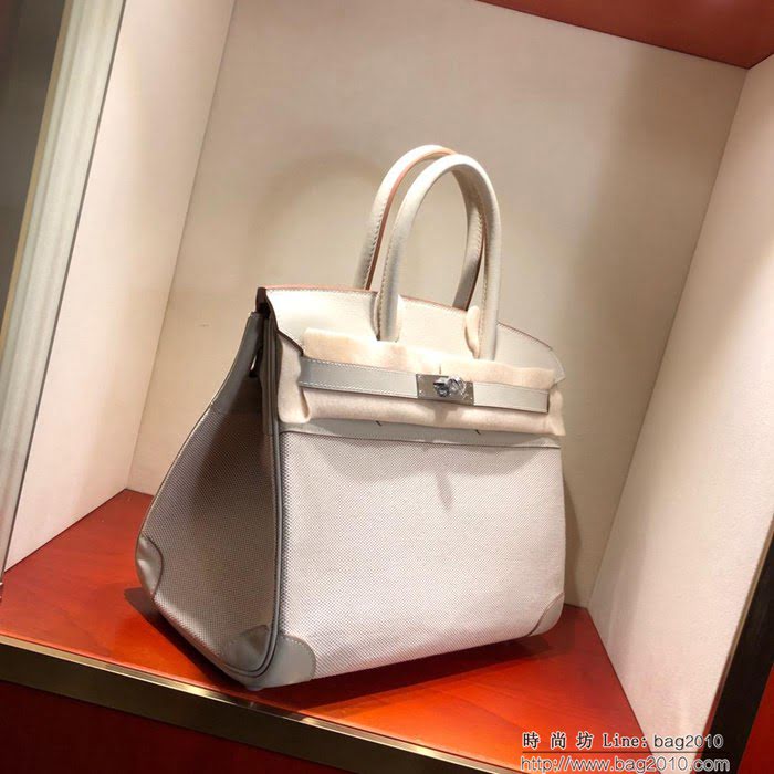 HERMES愛馬仕 鉑金包 Birkin30Cm Swift拼帆布 80 Gris Perle 珍珠灰 銀扣 頂級工藝 手縫蠟線 無敵限量版 古董包  Ama1601